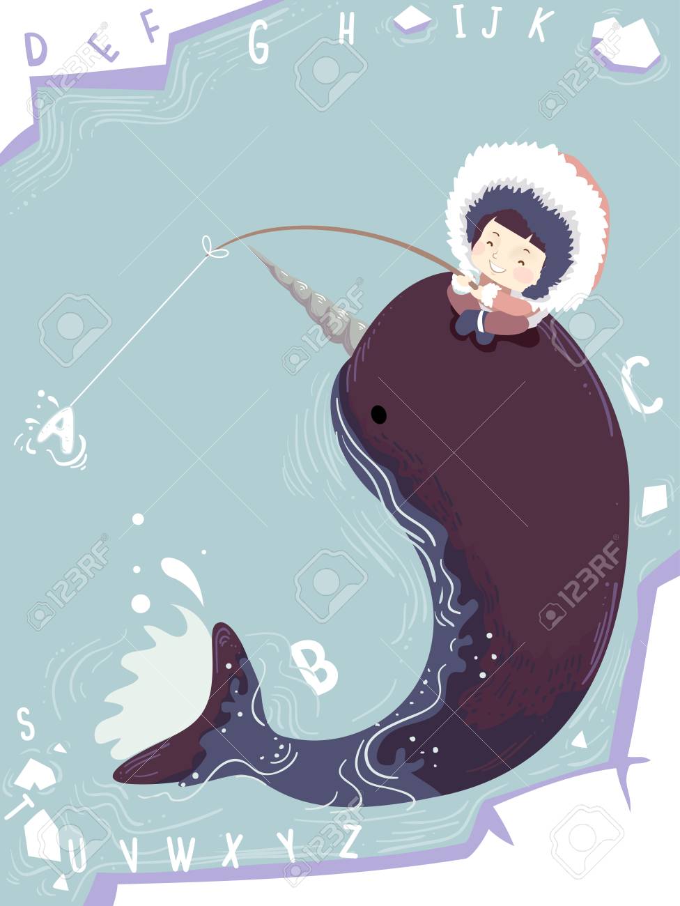 厚いパーカーでかわいい女の子のイラストのイッカクの背中に座って釣り の写真素材 画像素材 Image 47
