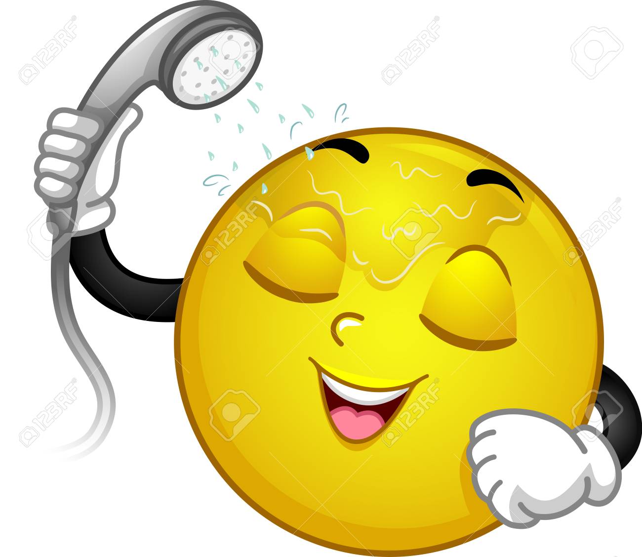 Illustration of a Smiley Mascot Holding a Shower Head Showering - 90244728