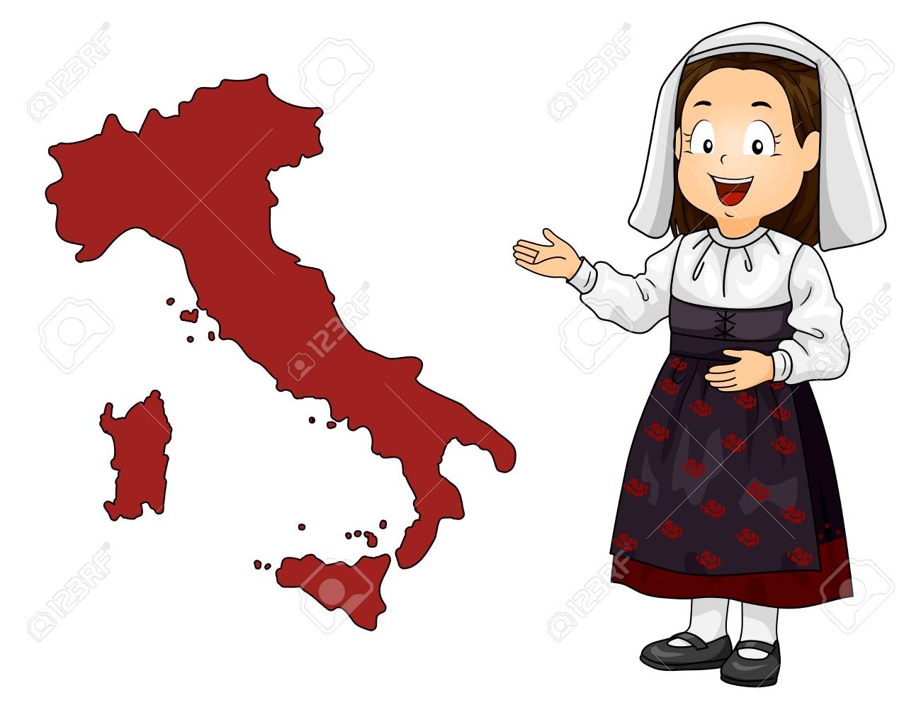 イタリアの地図を提示イタリアの民族衣装を着て子供女の子のイラスト の写真素材 画像素材 Image