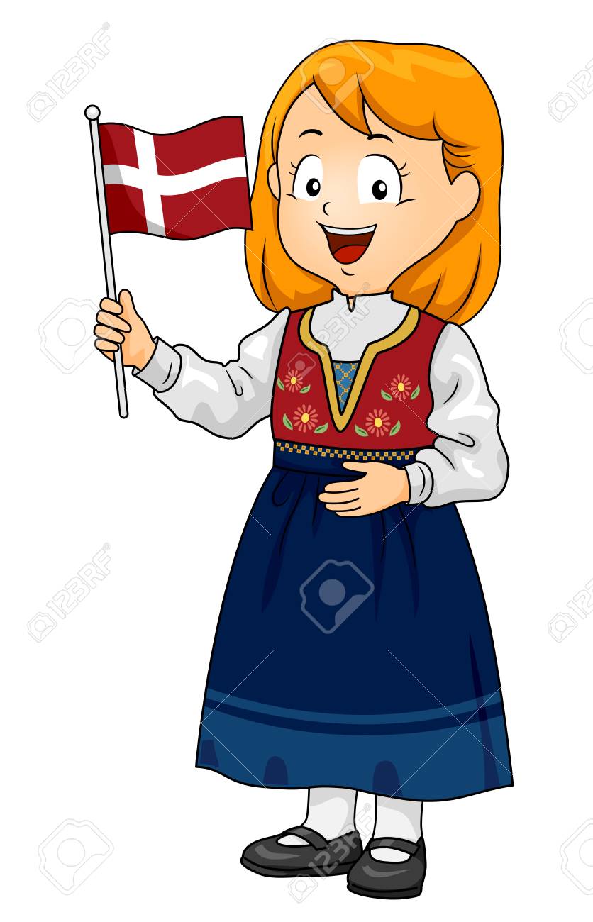 デンマークの民族衣装を着て デンマークの旗を握る子供女の子のイラスト の写真素材 画像素材 Image