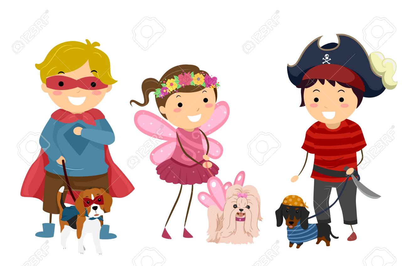 同じ衣装でペットの犬とハロウィーンの衣装を着たバッターキッズのイラスト の写真素材 画像素材 Image