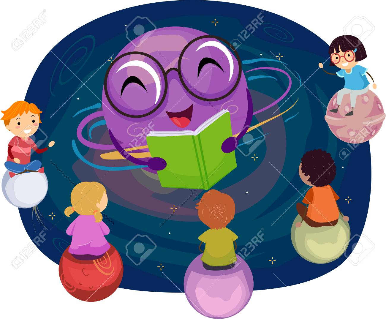 Illustration Of Stickman Kids Sitting On Planets Listening To.. Stock  Photo, Picture And Royalty Free Image. Image 96434785.