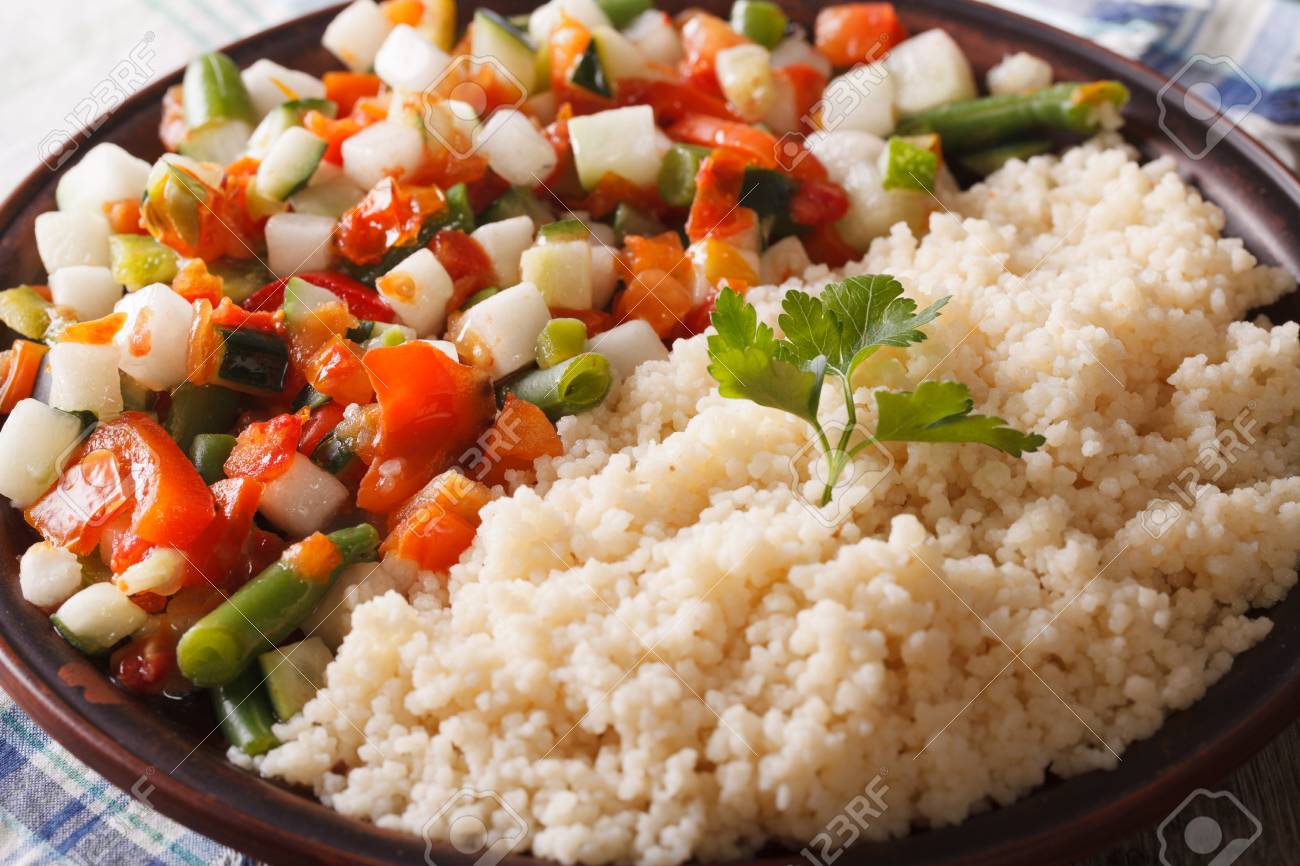 Couscous With Stewed Vegetable Salad Macro On A Plate Horizontal Stock Photo Picture And Royalty Free Image Image 50687259
