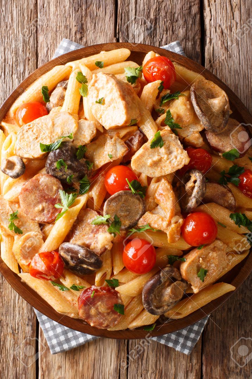 Penne Pasta With Chicken Mushrooms Smoked Sausage Covered