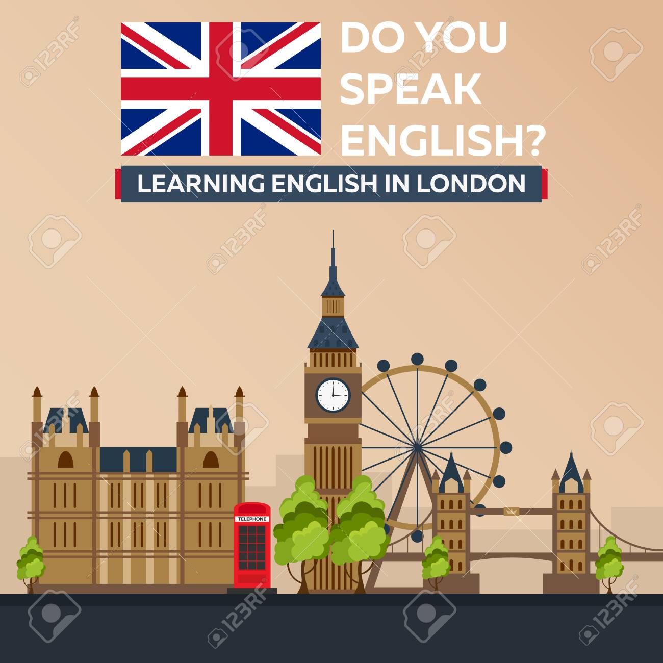 ロンドンで英語を学ぶ ロンドン シティー イギリスの教育 フラットなデザインのイラスト素材 ベクタ Image