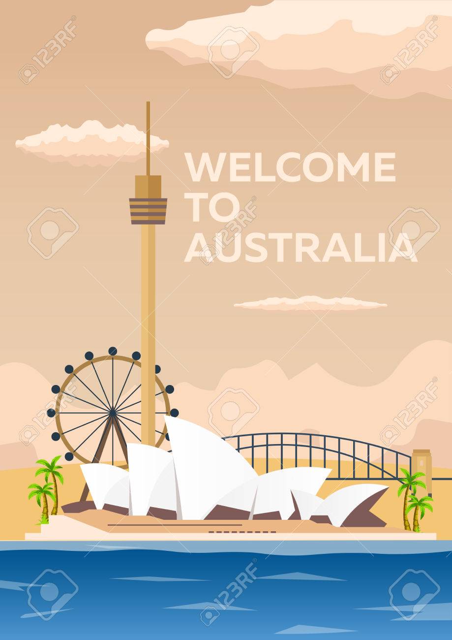 オーストラリアのポスター オーストラリアへようこそ シドニー モダンなフラット デザインのイラスト素材 ベクタ Image