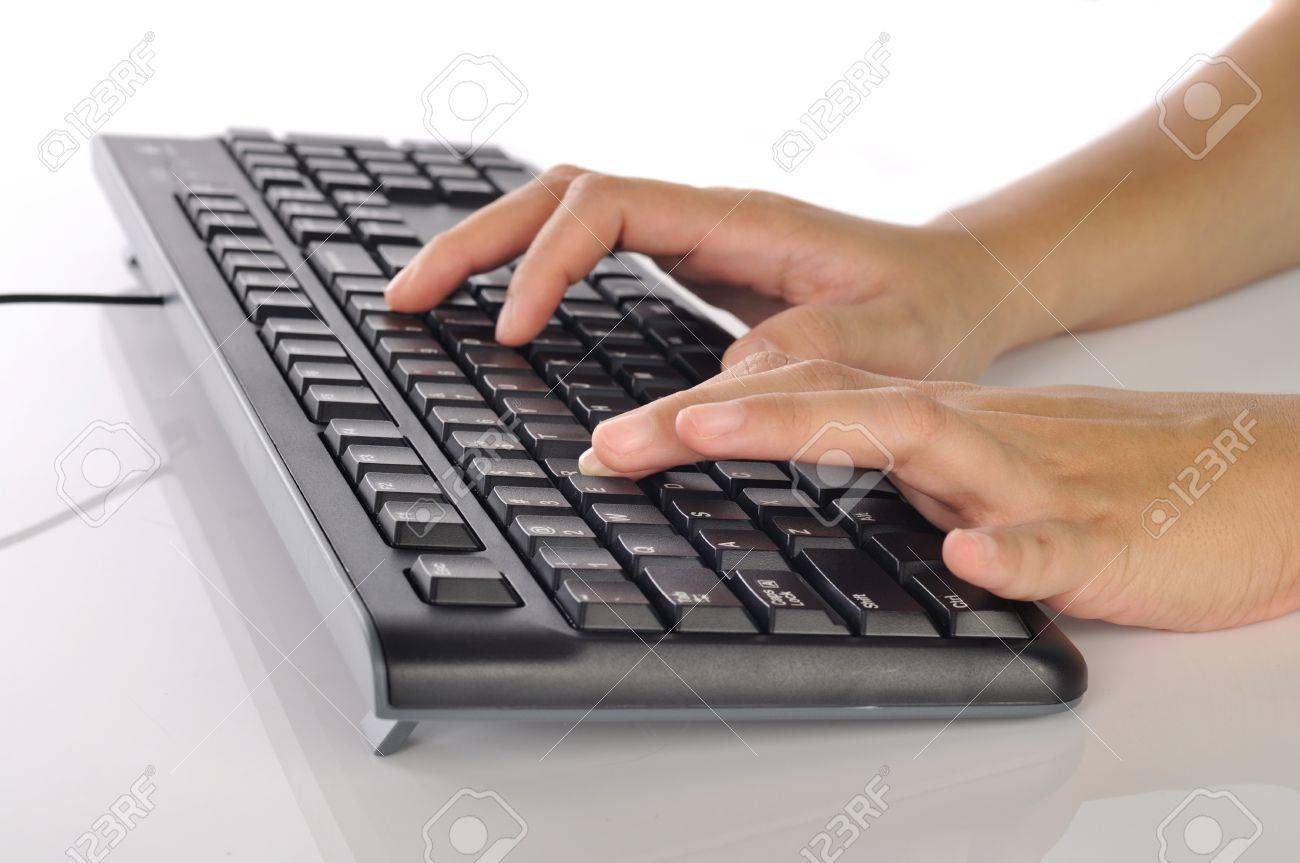 woman hand typing on black computer keyboard isolated over white