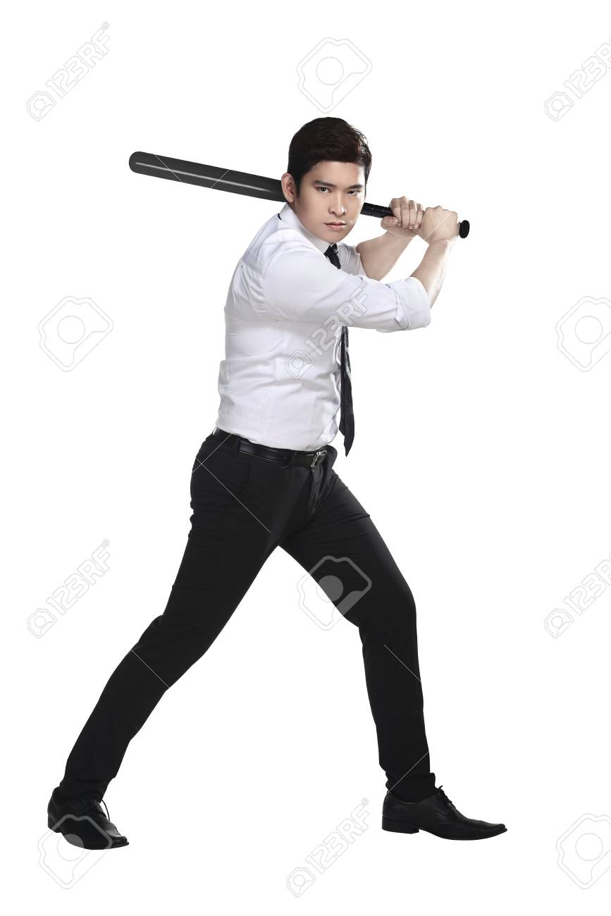 Man Holding Baseball Bat Isolated Over 