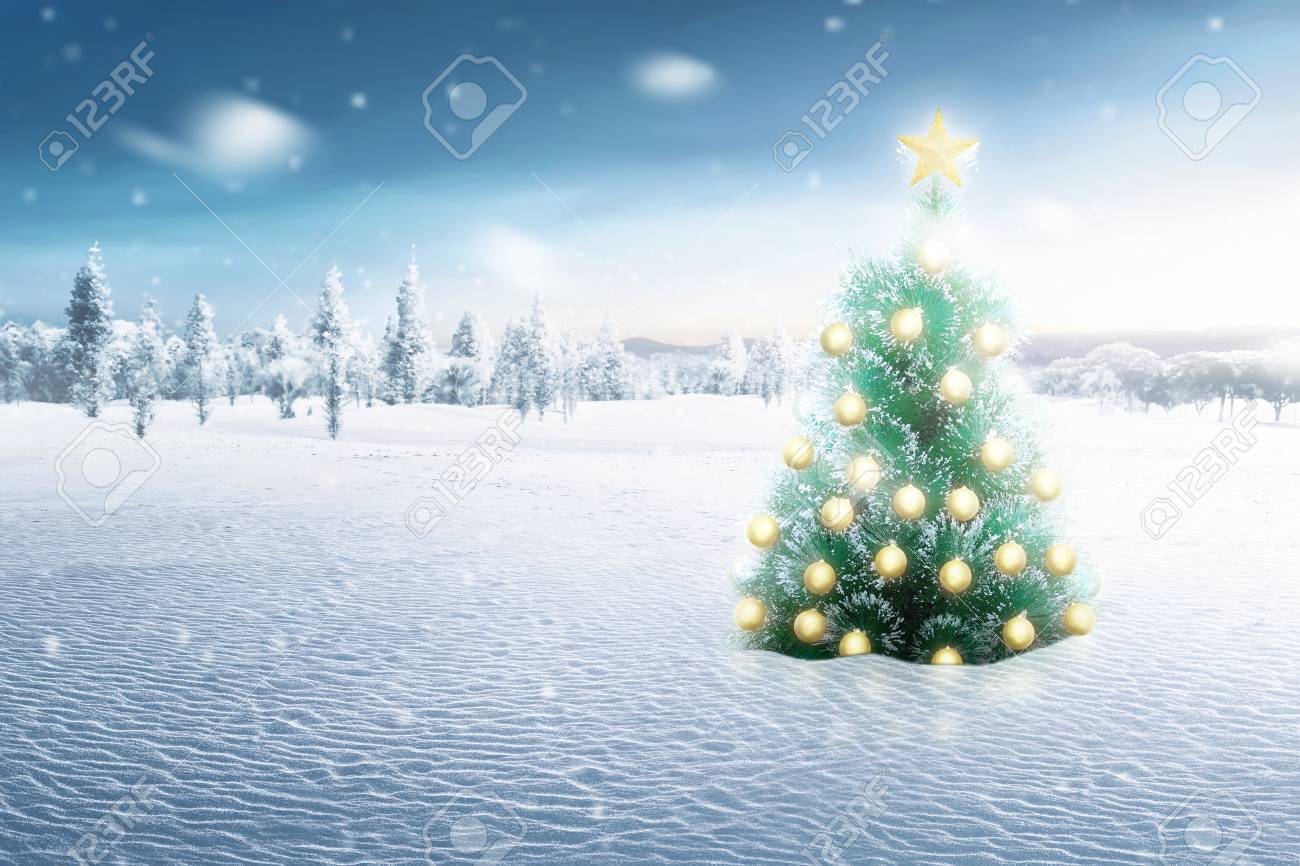 Beautiful Decoration Of Christmas Tree With Yellow Balls At Snowy Field  Stock Photo, Picture And Royalty Free Image. Image 88444401.