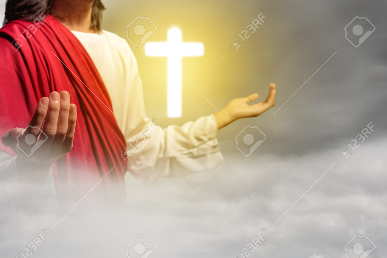 Jesus Christ Showing The Christian Cross With A Sunset Sky Background Stock  Photo, Picture and Royalty Free Image. Image 199433376., image size:1300x867