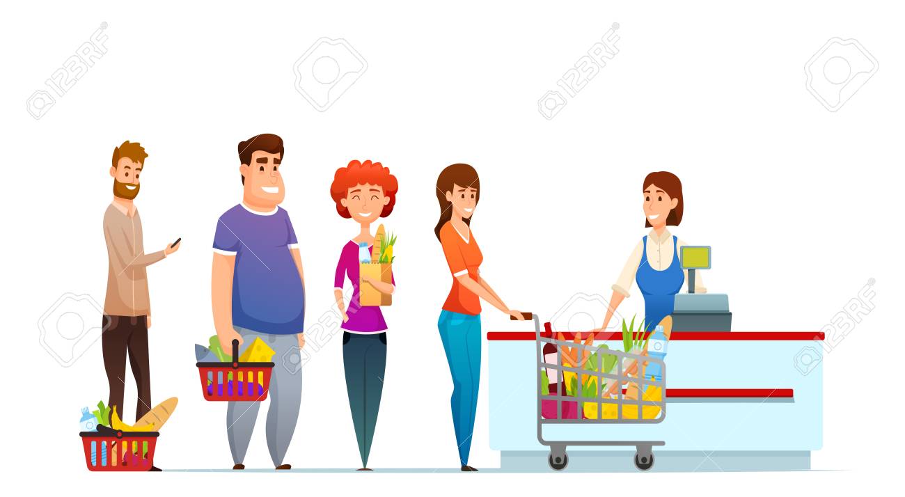 Customer queue people shopping in supermarket at cash desk with cashier vector illustration isolated on white background. - 100110548 Customer queue people shopping in supermarket at cash desk with cashier vector illustration isolated on white background. - 100110548