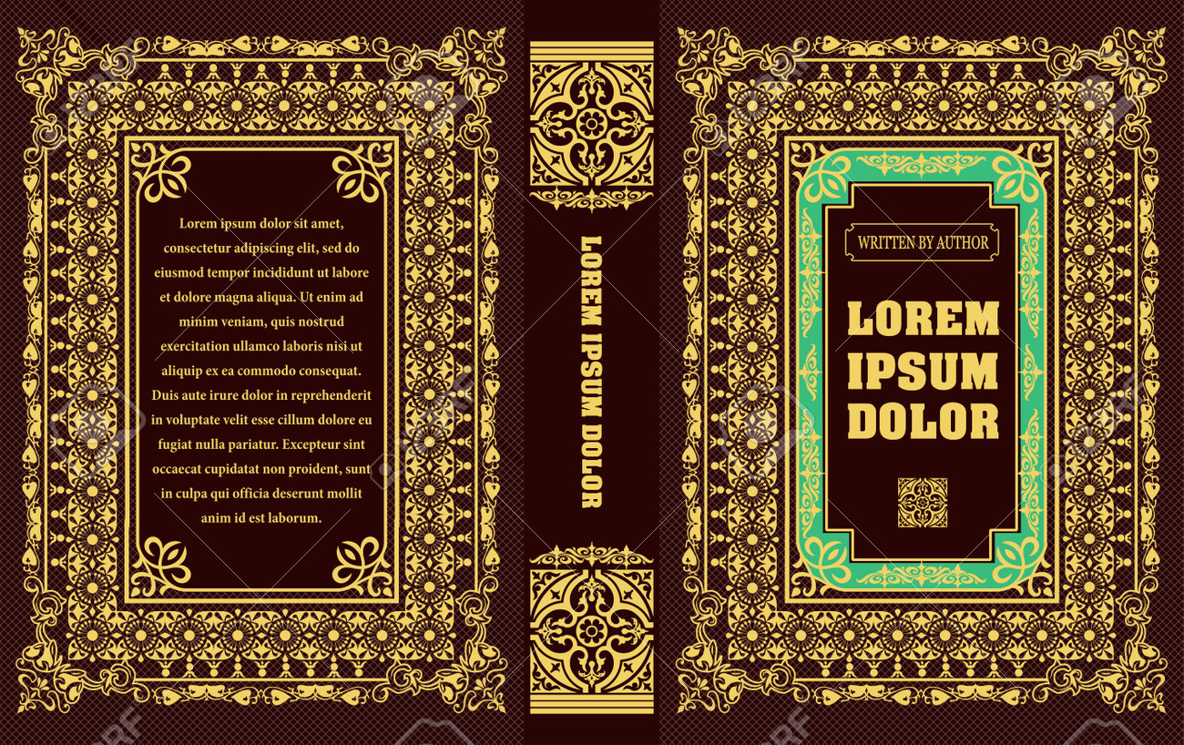 華やかな本の表紙と古いレトロな装飾フレーム。ロイヤルゴールデン