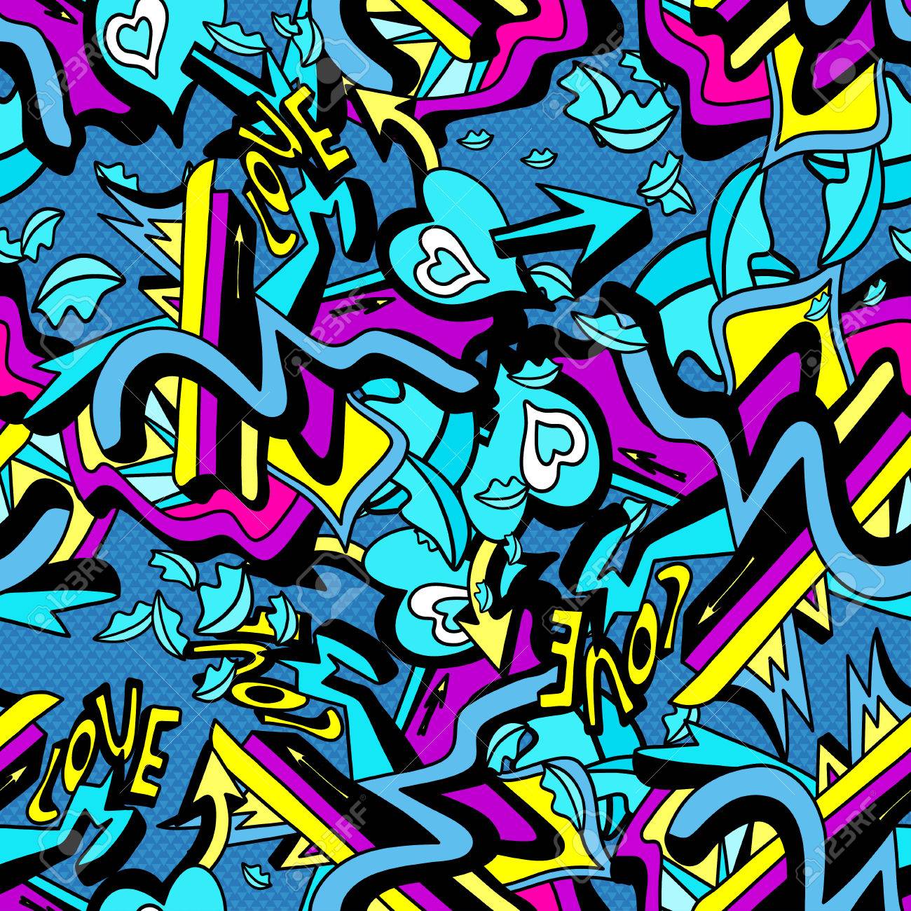 サイケデリックな落書き線と白い背景のシームレス パターンの心ベクトル イラストのイラスト素材 ベクタ Image