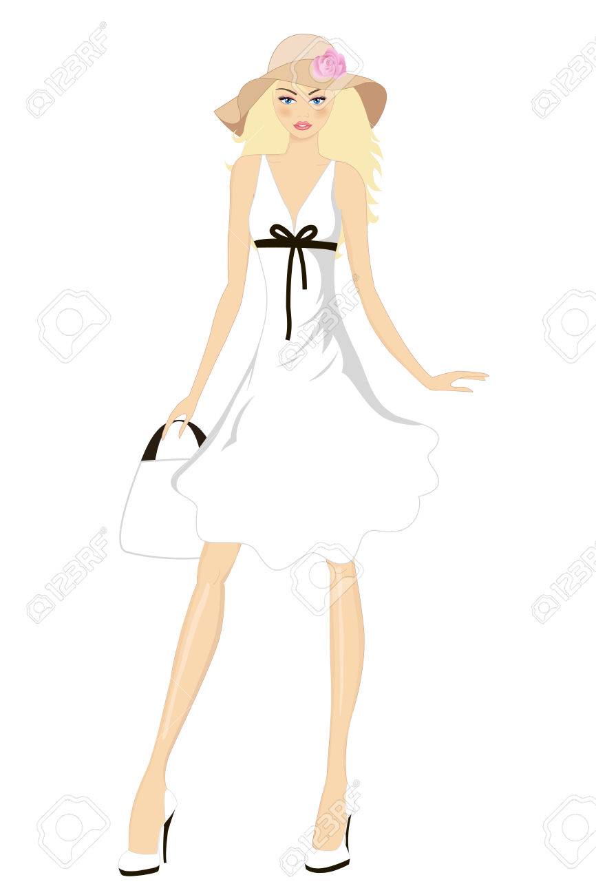 白いドレスの広い帽子でポーズをとる美少女 ベクトルの図 のイラスト