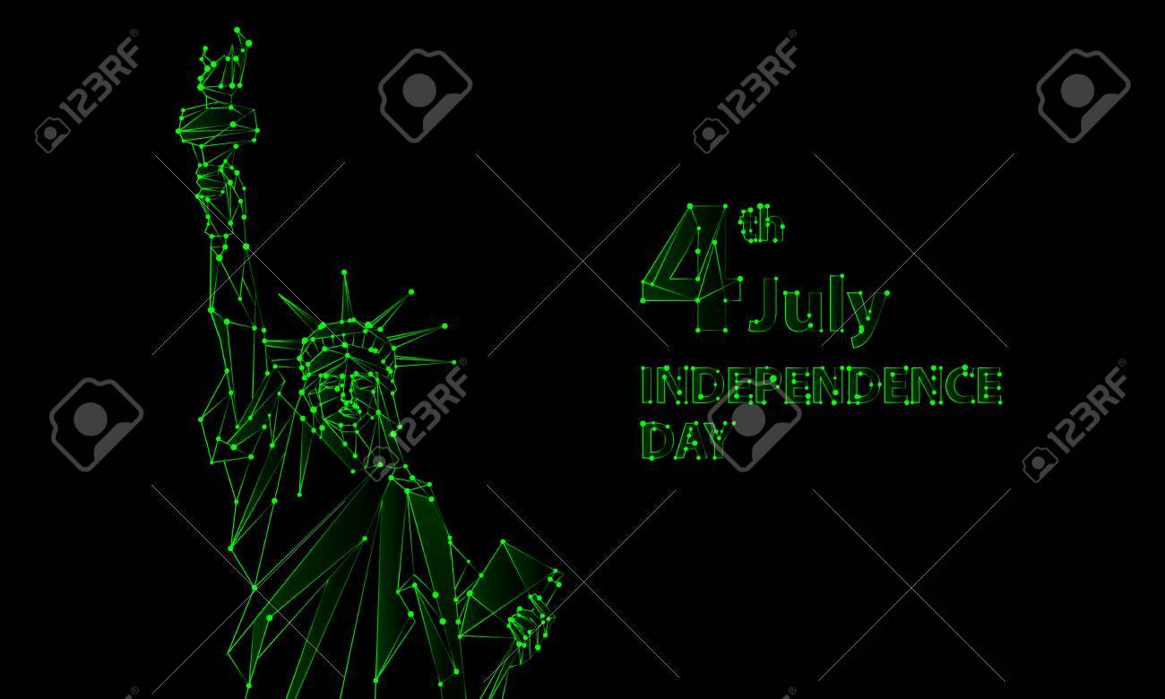 ネオン緑のポリゴン メッシュの自由の女神像のイラストです ニューヨーク市の記念碑 グリーティング カードの背景で独立記念日 ベクター低ポリ ラインとドット のイラスト素材 ベクタ Image 58645820