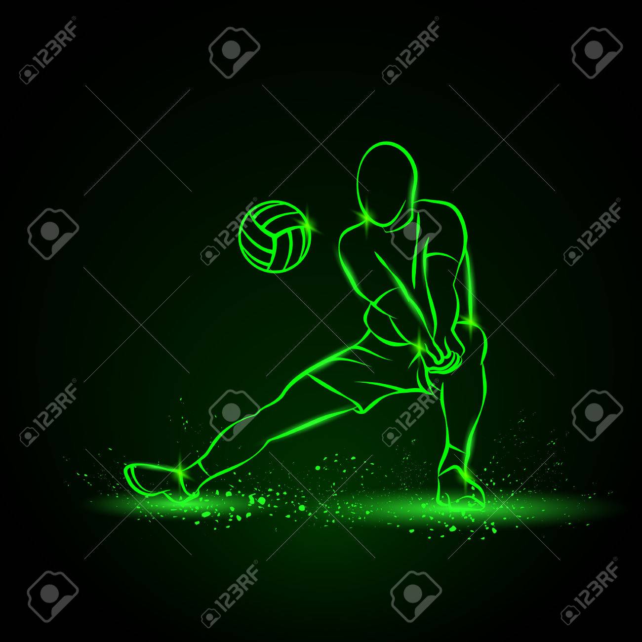 バレーボール選手は バレーボールを果たしています 黒の背景にネオンの図 のイラスト素材 ベクタ Image