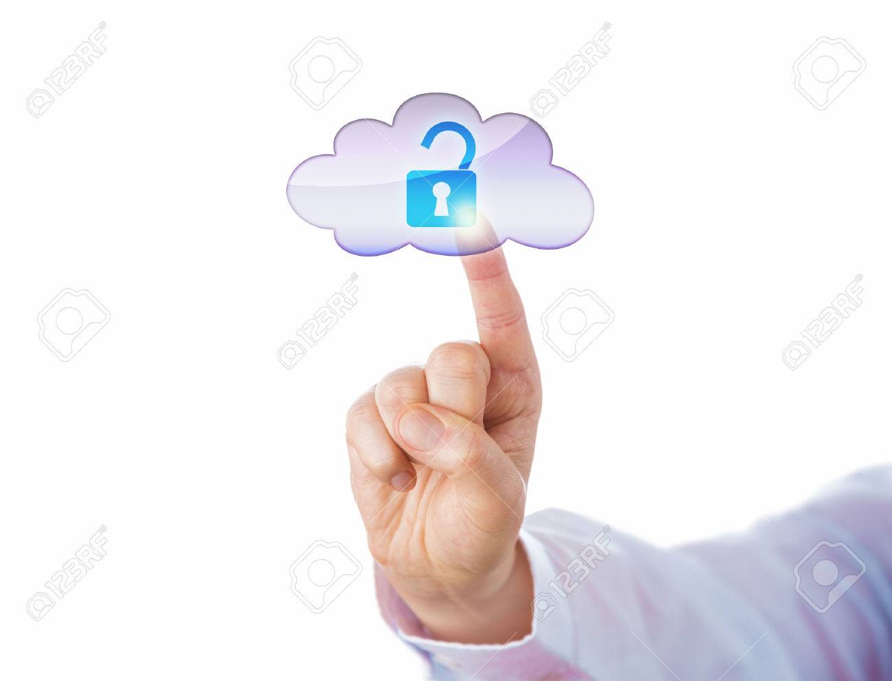 cutout of index finger unlocking a virtual lock icon in the cloud cloud cut out