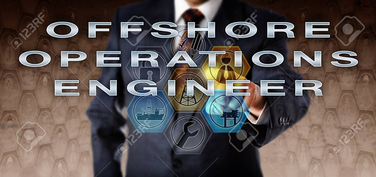 Businessman In Blue Suit Is Pressing Offshore Operations Engineer On An  Interactive Virtual Computer Monitor. Oil And Gas Industry Career Metaphor  For An Engineering Role Coordinating Project Work. Stock Photo, Picture And