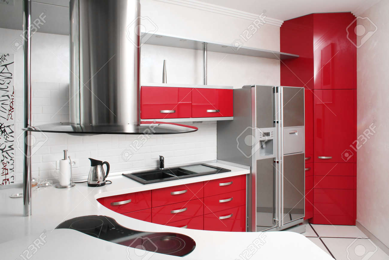 interior red kitchen with metal stock photo, picture and royalty interior red kitchen with metal stock photo, picture and royalty