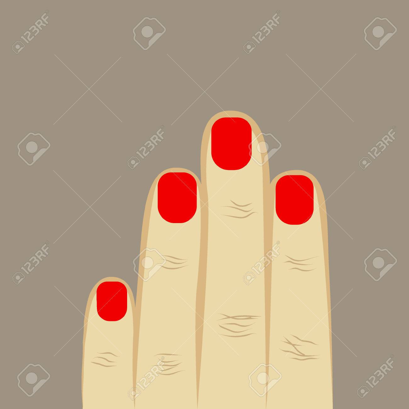 女性のマニキュアと 4 本の指を手します 赤のマニキュア 短い爪 灰色の背景 ベクトル図のイラスト素材 ベクタ Image