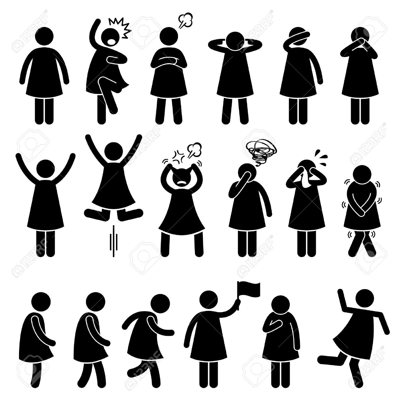 human female girl woman action poses postures stick figure pictogram
