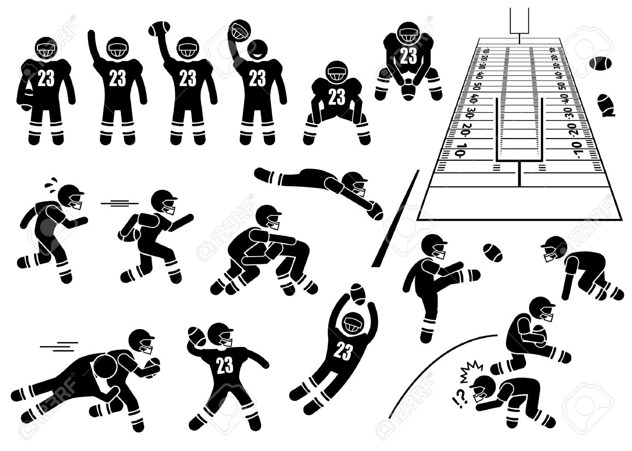 american football player actions poses stick figure pictogram