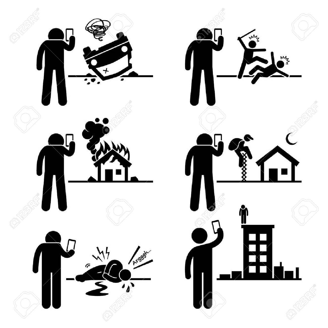 インシデントのスティック図ピクトグラム アイコンのビデオ画像を記録して携帯電話のカメラを使用してください のイラスト素材 ベクタ Image