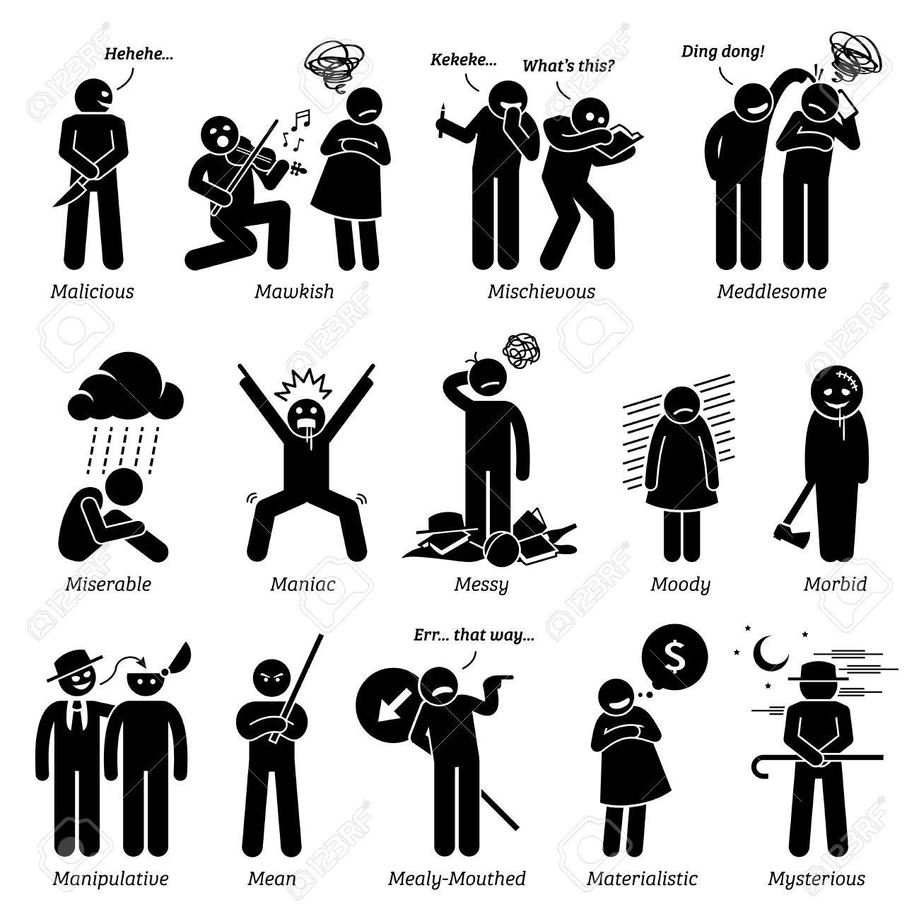 negative personalities character traits stick figures man icons
