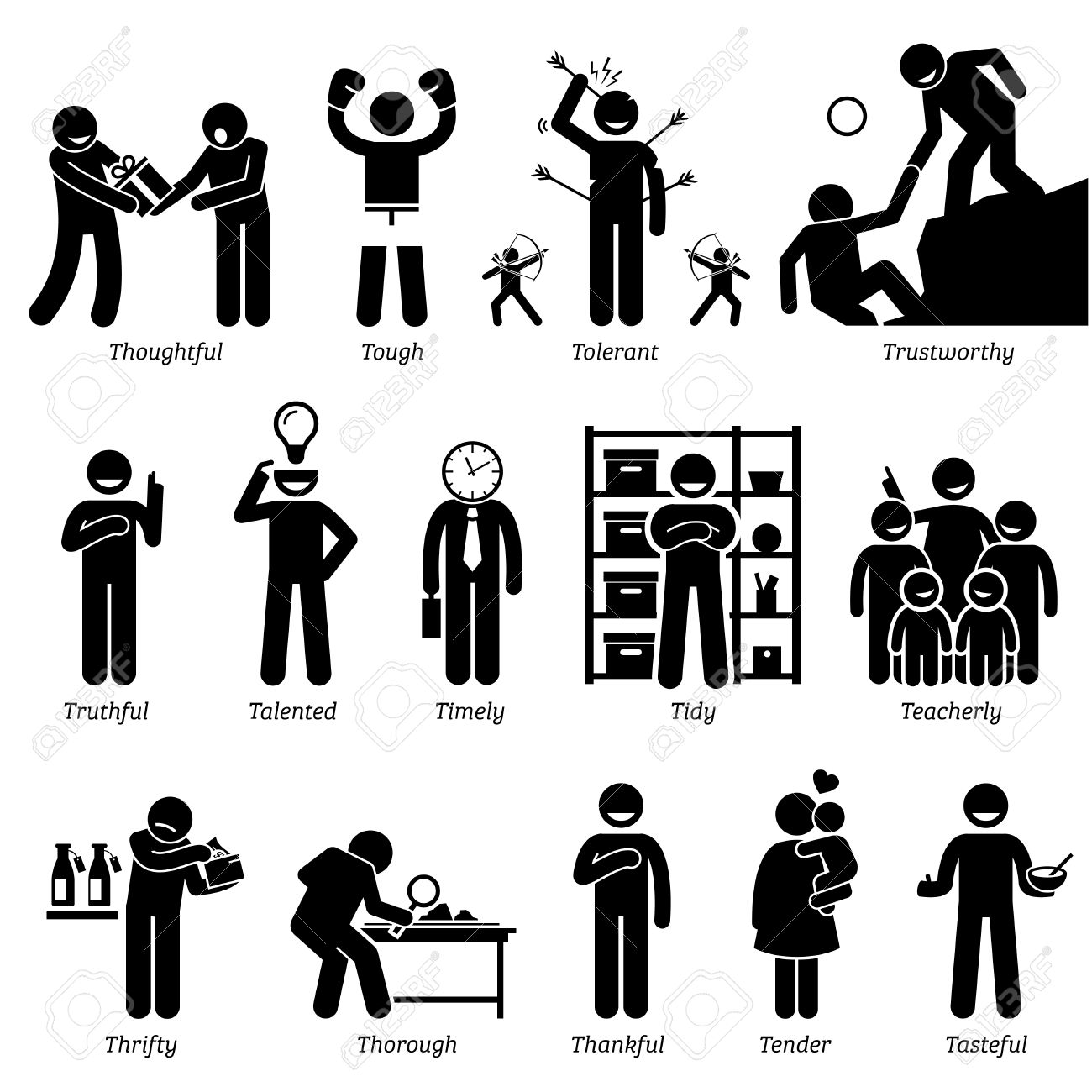 Positive Personalities Character Traits. Stick Figures Man Icons 