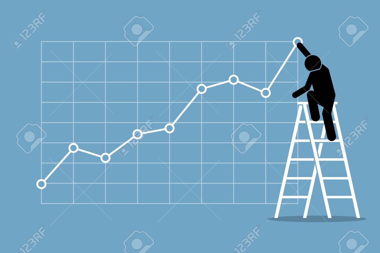 Businessman climbing up on a ladder to adjust an uptrend graph chart on a wall. Vector artwork depicts financial success, bullish stock market, good sales, profit, and growth. - 63443169 Businessman climbing up on a ladder to adjust an uptrend graph chart on a wall. Vector artwork depicts financial success, bullish stock market, good sales, profit, and growth. - 63443169