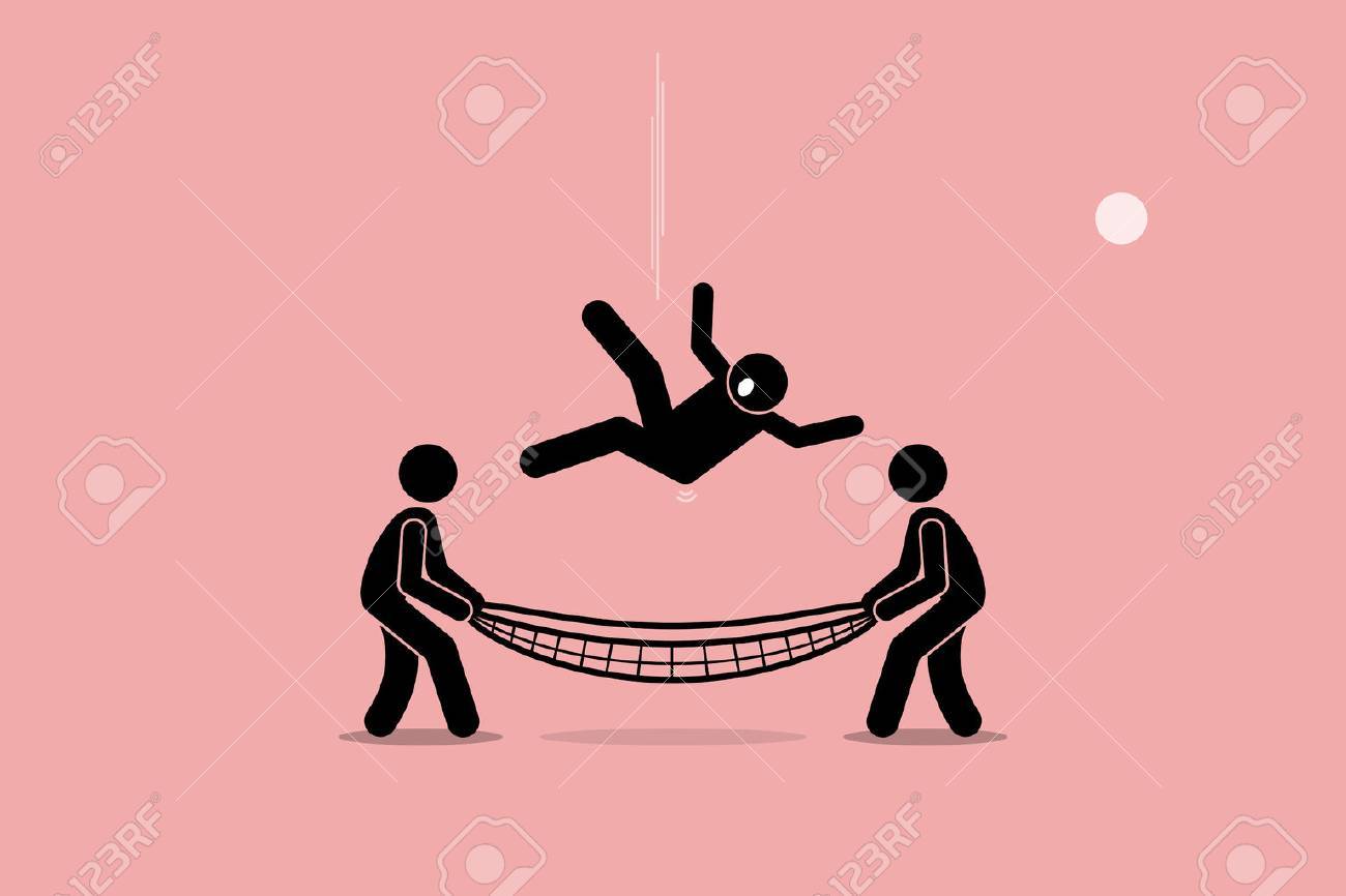 Man falling down and saved by people using safety net at the bottom of the ground. Vector artwork depicts safety, security, insurance, friendship, help, and support. - 63443469 Man falling down and saved by people using safety net at the bottom of the ground. Vector artwork depicts safety, security, insurance, friendship, help, and support. - 63443469