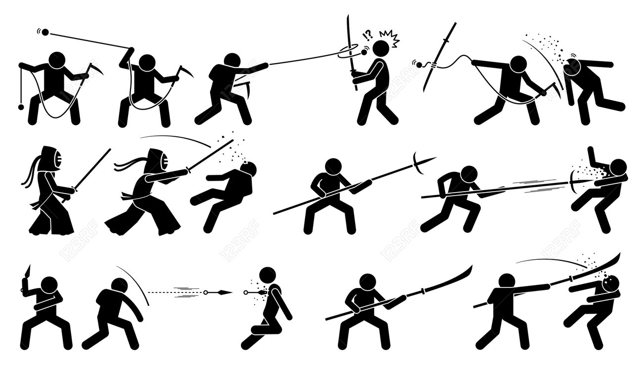 男は日本伝統的な格闘武器で相手を攻撃します これらの武器は鎖鎌 剣道 参道の槍 クナイ Glaive を含むのイラスト素材 ベクタ Image