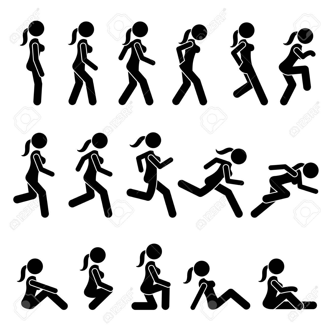 Basic Woman Walk and Run Actions and Movements. Artworks depict a female human walking and running in various motions, positions, and postures. - 76130709 Basic Woman Walk and Run Actions and Movements. Artworks depict a female human walking and running in various motions, positions, and postures. - 76130709