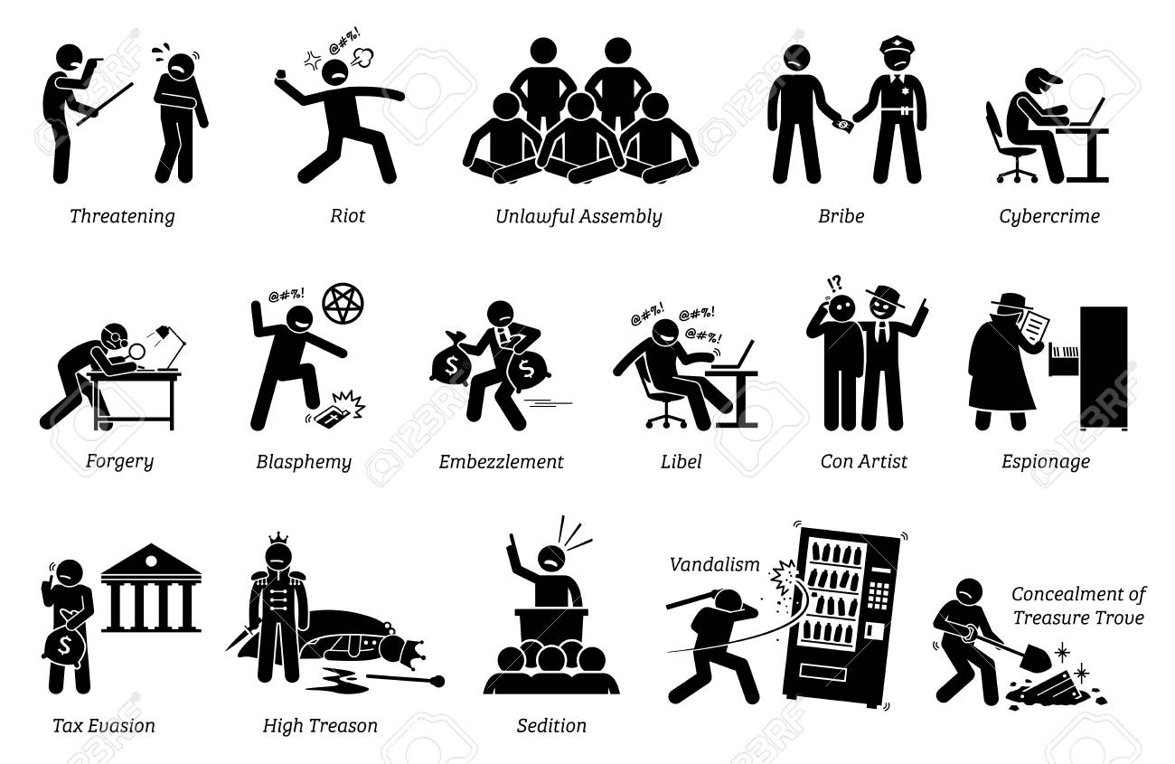 犯罪と犯罪者。ピクトグラムは、暴力、不法なアセンブリ、暴動、詐欺、扇動、名誉毀損、扇動、荒らしなど各種の犯罪行為を示しています。のイラスト素材・ベクター  Image 89262243