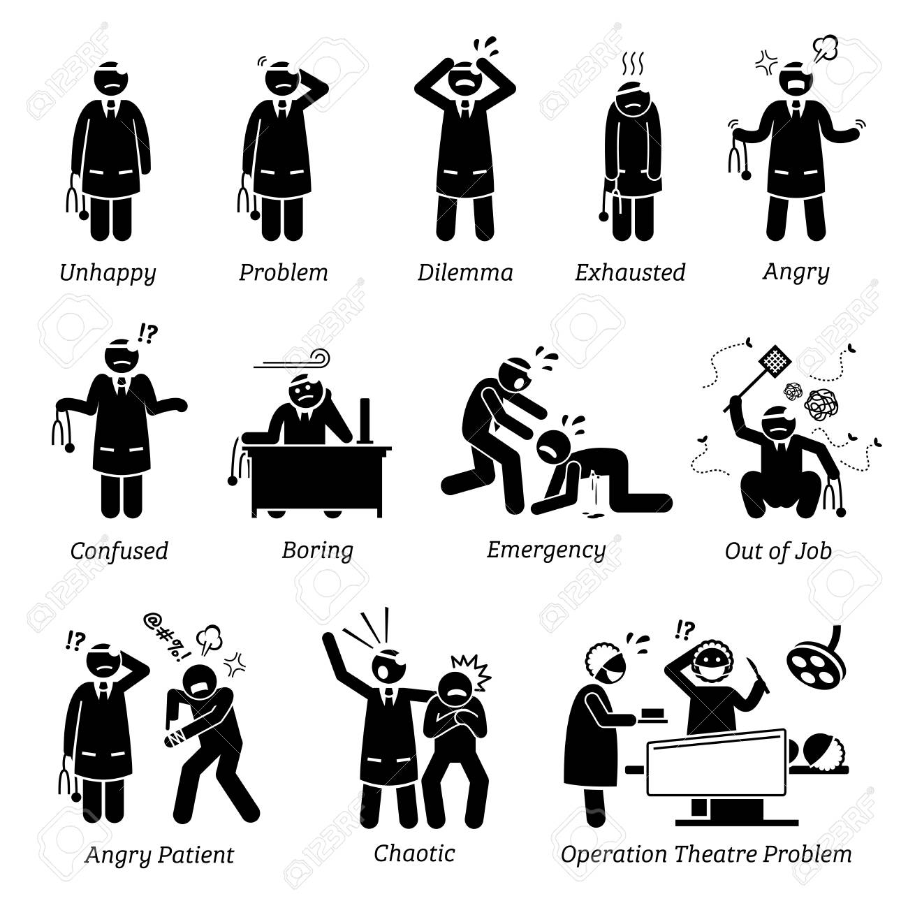 Busy and Unhappy Doctor. Stick figure pictogram depicts a doctor that is feeling unhappy, dilemma, exhausted, angry, confused, and boring. Doctor is having a lot of problems in clinic and hospital. - 92871786 Busy and Unhappy Doctor. Stick figure pictogram depicts a doctor that is feeling unhappy, dilemma, exhausted, angry, confused, and boring. Doctor is having a lot of problems in clinic and hospital. - 92871786