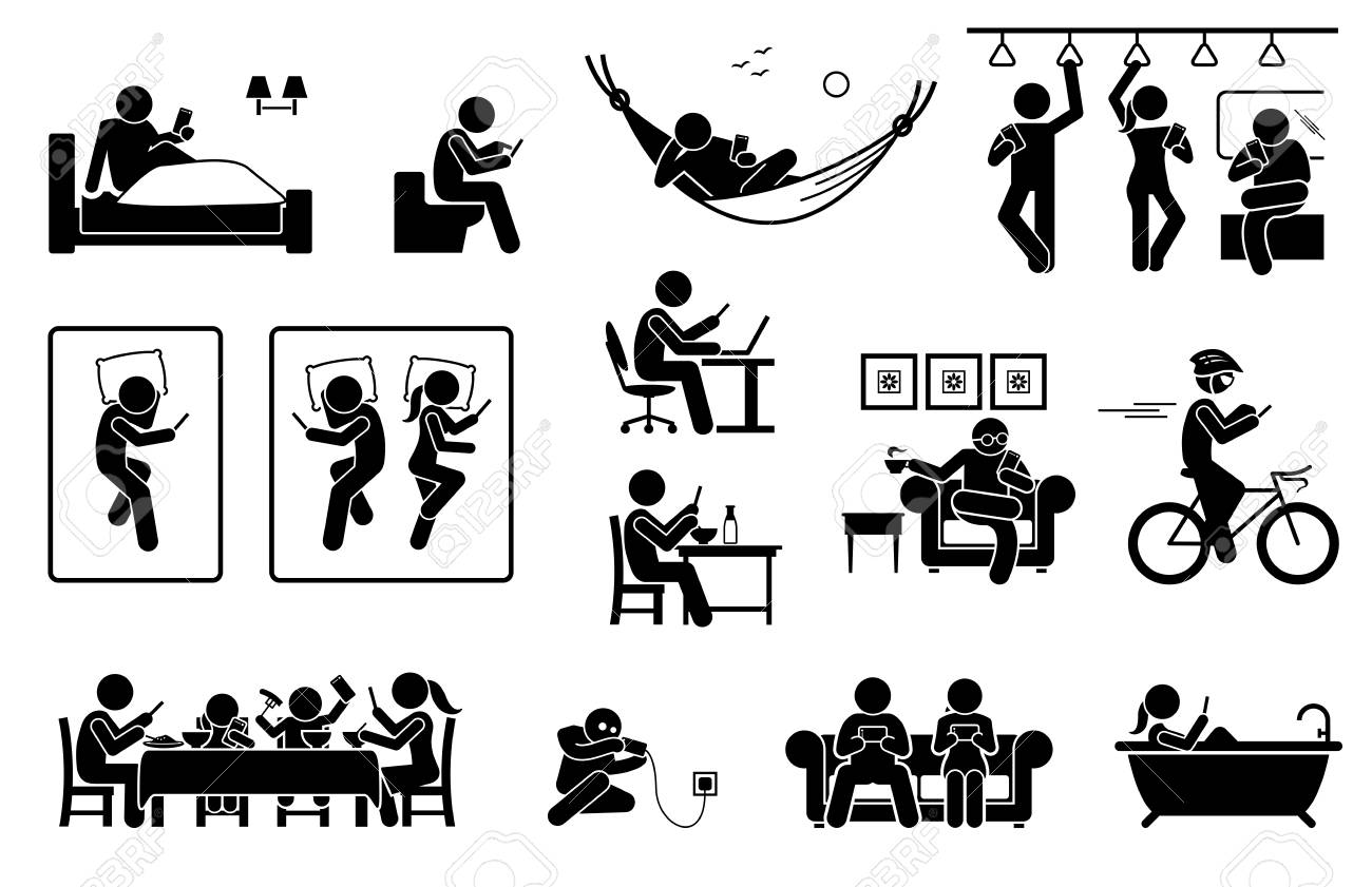 People using phone at different places. Icons depict human with smartphone on bed, toilet, train, sofa, and bathtub. They also use phone during work, meal, resting, cycling and charging battery. - 115676761 People using phone at different places. Icons depict human with smartphone on bed, toilet, train, sofa, and bathtub. They also use phone during work, meal, resting, cycling and charging battery. - 115676761