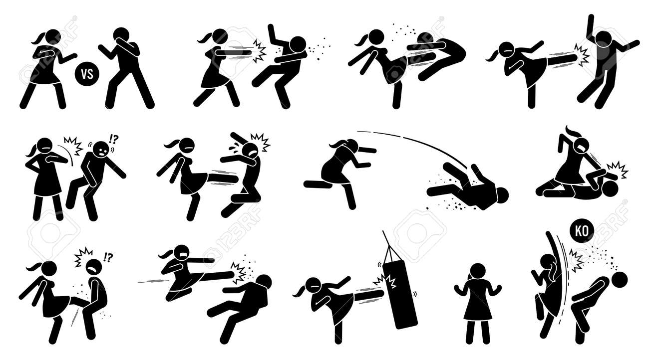 Woman beating man stick figure sign and symbols. Vector illustration of female versus male fighting by punching, kicking, slapping, throwing, and uppercut. The girl is strong and winning the fight. - 158130382 Woman beating man stick figure sign and symbols. Vector illustration of female versus male fighting by punching, kicking, slapping, throwing, and uppercut. The girl is strong and winning the fight. - 158130382