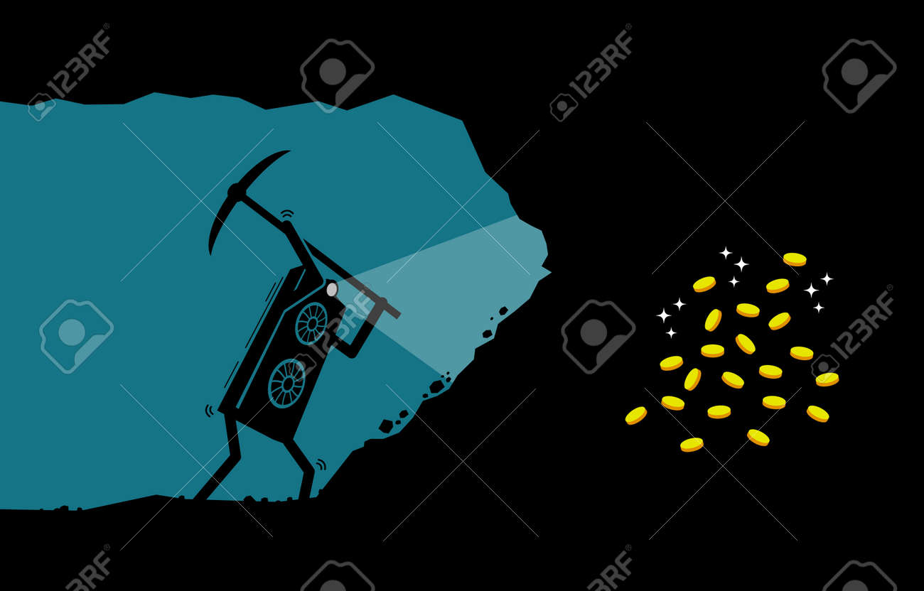 マイニングサイトでデジタル暗号通貨コインまたはお金をマイニングするグラフィックカードまたはGPUワーカー。マイニング暗号通貨、デジタル通貨業界、およびGPU農業のベクトルイラストクリップアートの概念。のイラスト素材・ベクター  Image 164853895