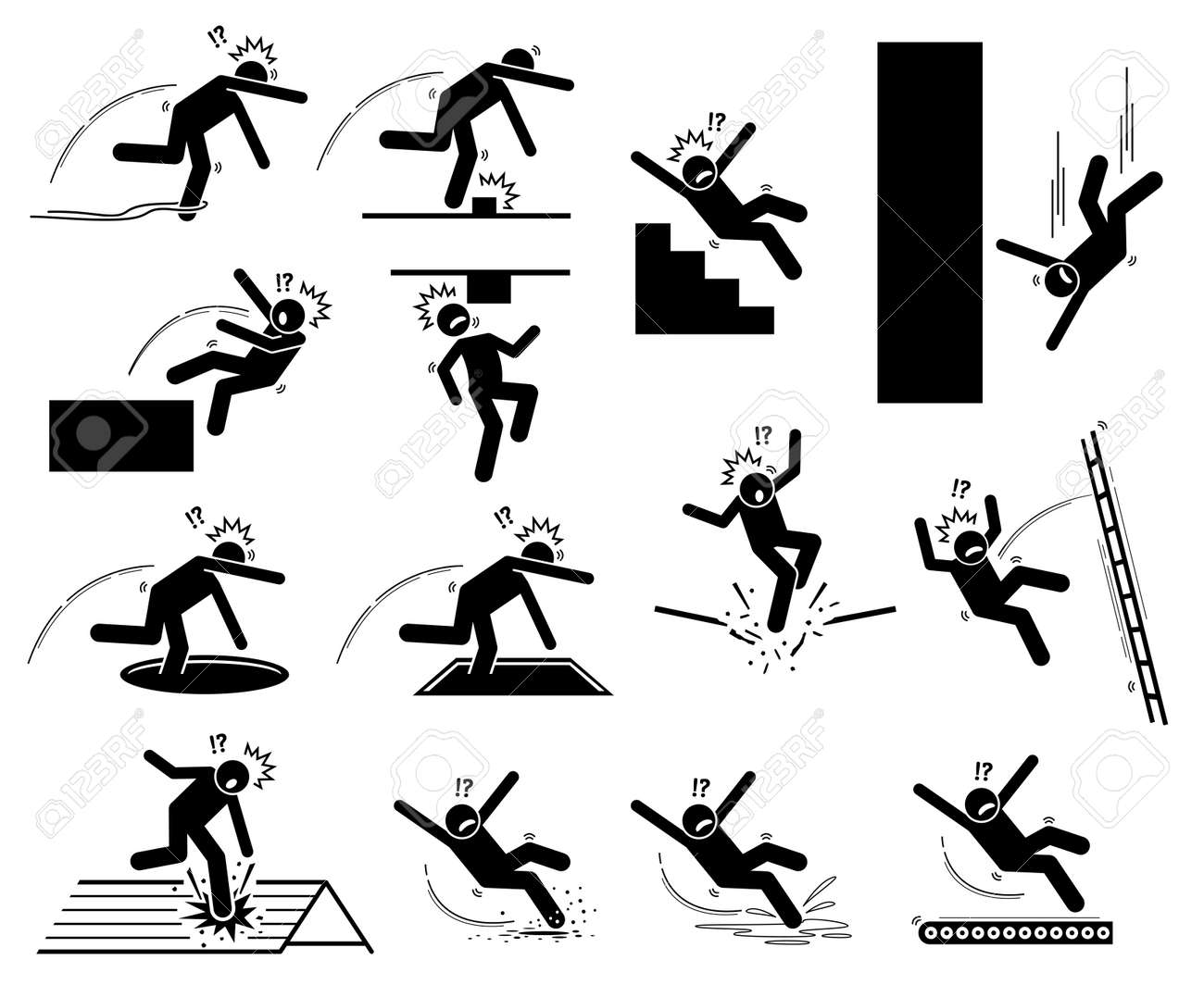Warning sign, danger risk symbol, and safety precaution at workplace. Vector illustrations pictogram of entangle, slip, trip, fell down, hole, staircase, slippery, fragile roof, and moving floor. - 180167458 Warning sign, danger risk symbol, and safety precaution at workplace. Vector illustrations pictogram of entangle, slip, trip, fell down, hole, staircase, slippery, fragile roof, and moving floor. - 180167458