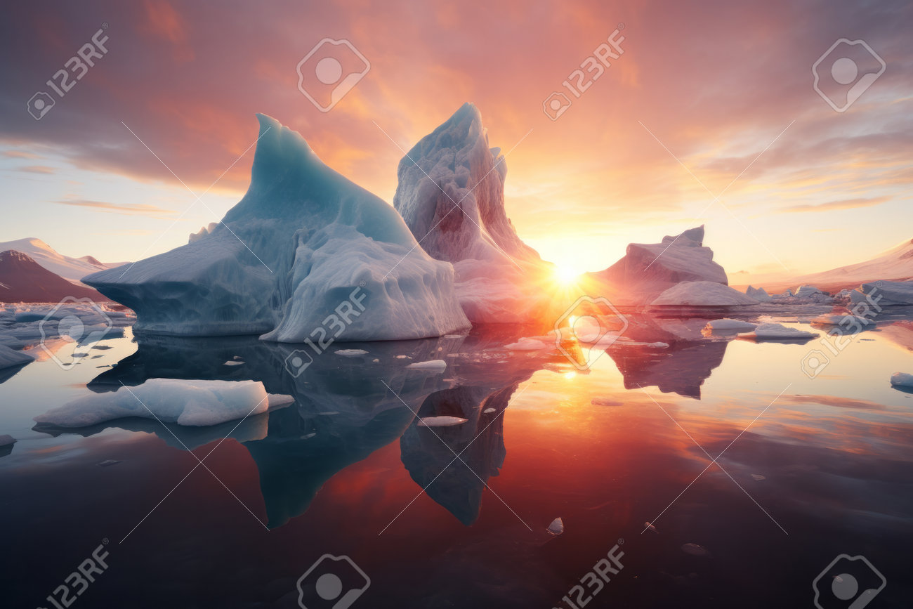 Ice And Icebergs Melting Because Of The Global Warm, Sun Light, Golden  Hour. Stock Photo, Picture and Royalty Free Image. Image 212655423., image size:1300x867