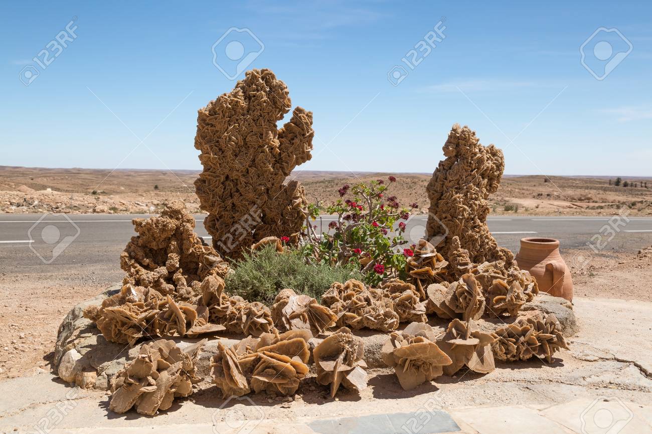 Large Desert Rose Stone Formation And Rose Flowers In The Flower Bed Next To The Road In The Tunisian Desert Stock Photo Picture And Royalty Free Image Image 119507813