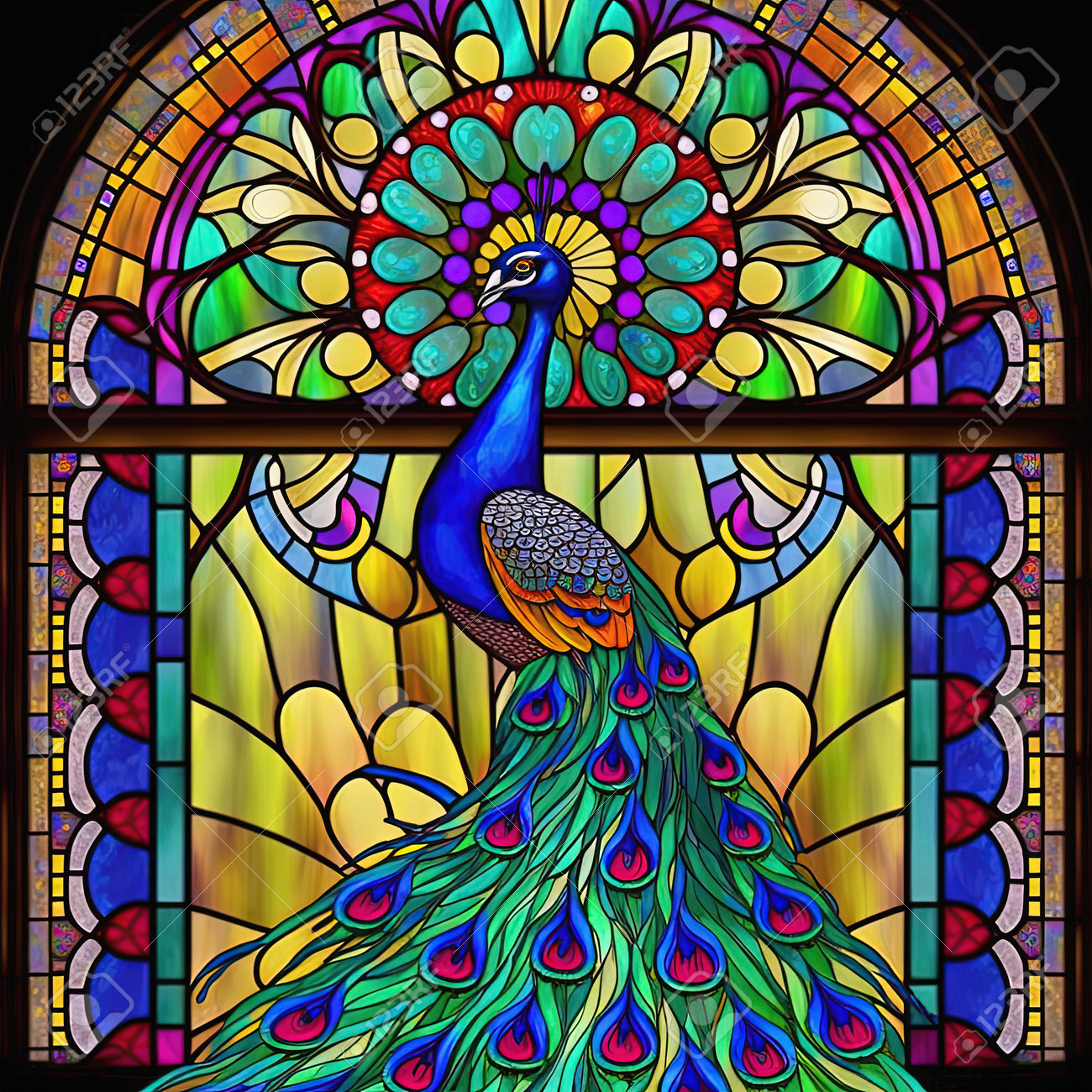 カラフルな孔雀とステンドグラススタイル。アーチのステンドグラスの窓