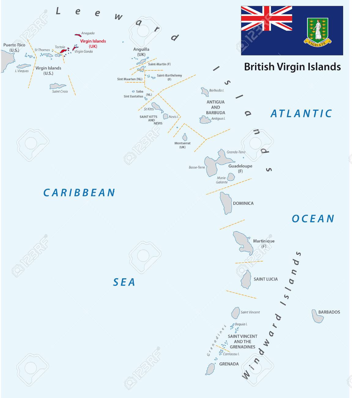lesser antilles outline map british virgin islands with flag stock vector 64570563