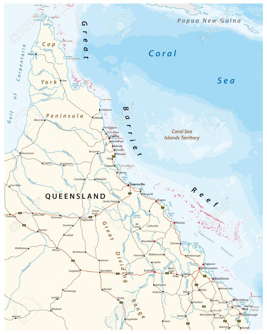 Road Map Of The Cap York Peninsula With The Great Barrier Reef Royalty Free Cliparts Vectors And Stock Illustration Image 84265721