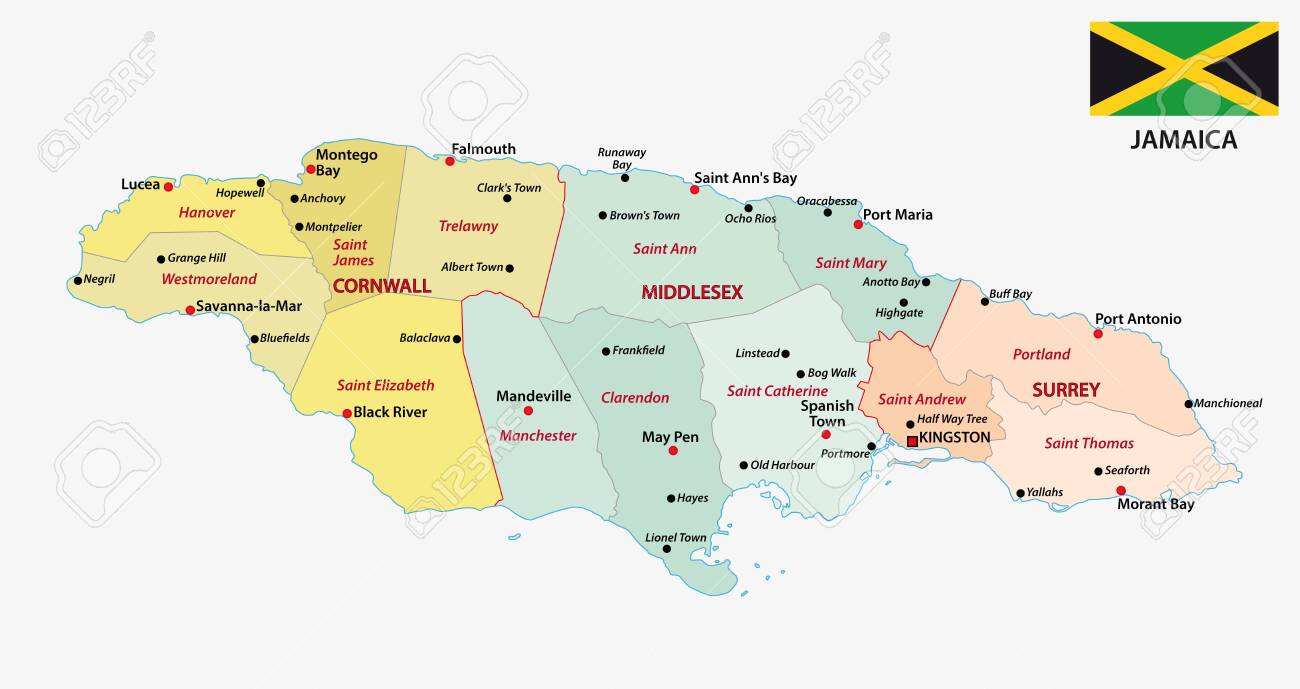 Map Of Jamaica Showing Parishes Jamaica Administrative Map With Flag And Main Cities Royalty Free Svg,  Cliparts, Vectors, And Stock Illustration. Image 138010298.