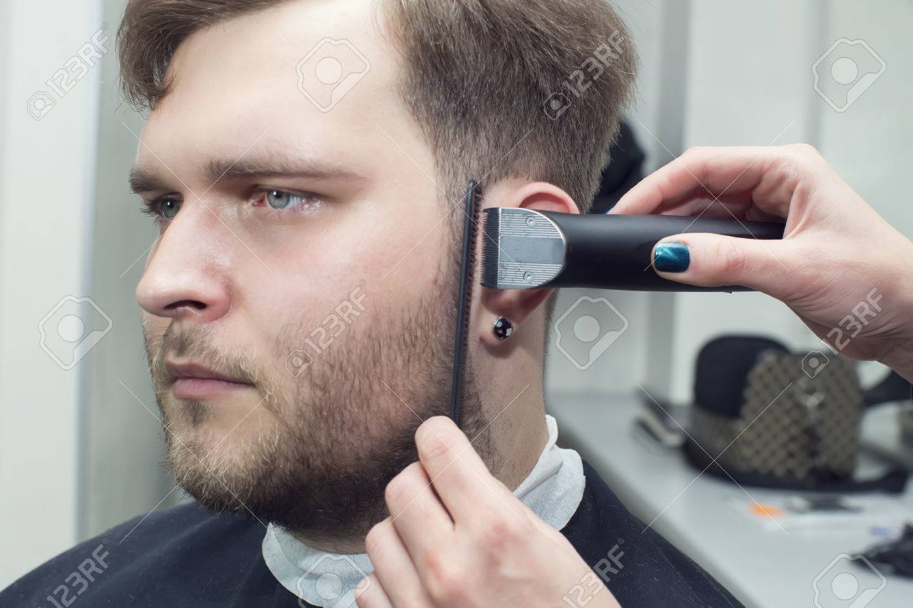 Men S Haircut In The Salon Barbershop Beard Closeup