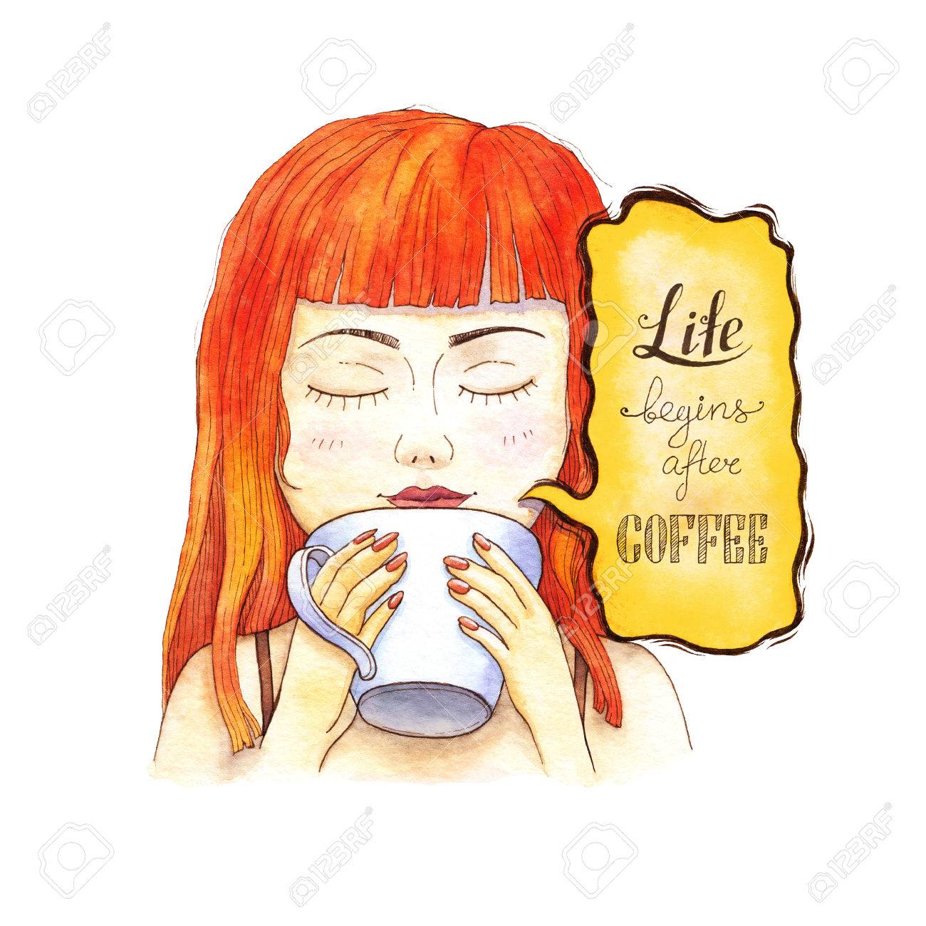 女の子 朝のコーヒーを飲みます 水彩イラスト 手描きのインスピレーションと励みの引用 人生はコーヒー後開始します 手書きのデザイン の写真素材 画像素材 Image