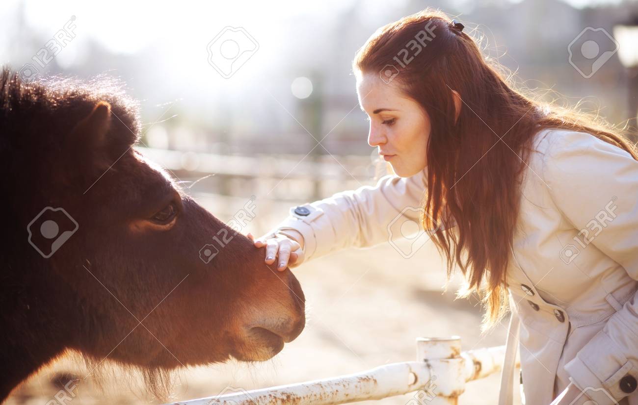 Mujer Joven Acariciando Pony En Mini Zoológico, El Amor Y El Afecto Fotos,  retratos, imágenes y fotografía de archivo libres de derecho. Image 27460809