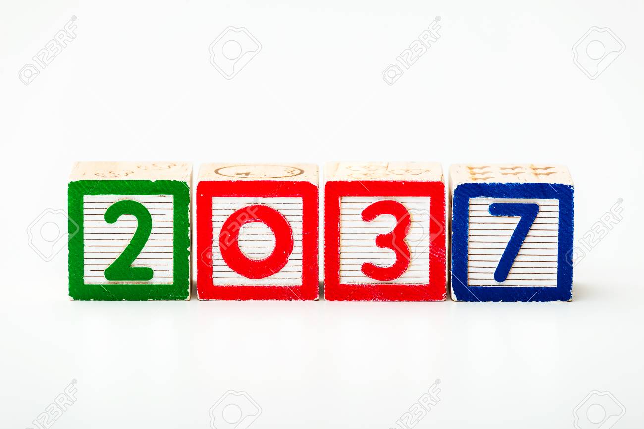 Stock Photo - Wooden block for year 2037
