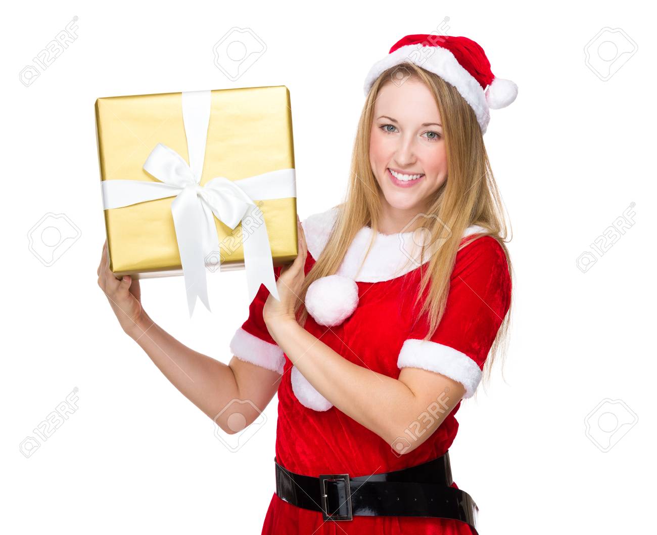 Stock Photo Woman With X Mas Costume Holding A Big Golden Giftbox Stock Photo Woman With X Mas Costume Holding A Big Golden Giftbox
